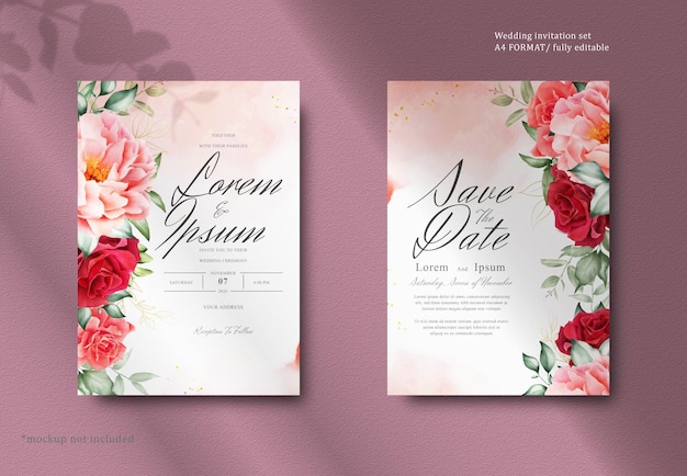 PSD romantisches aquarell-hochzeitseinladungskarten-set mit kastanienbraunen blumen und blättern