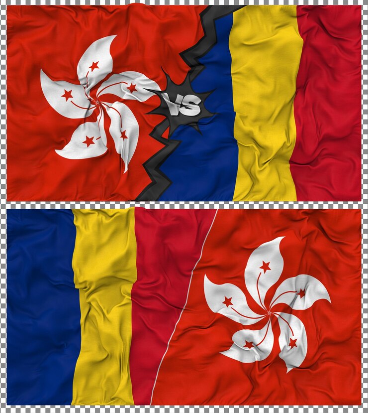 PSD romênia versus hong kong meia bandeira combinada textura de tecido de bump renderização 3d