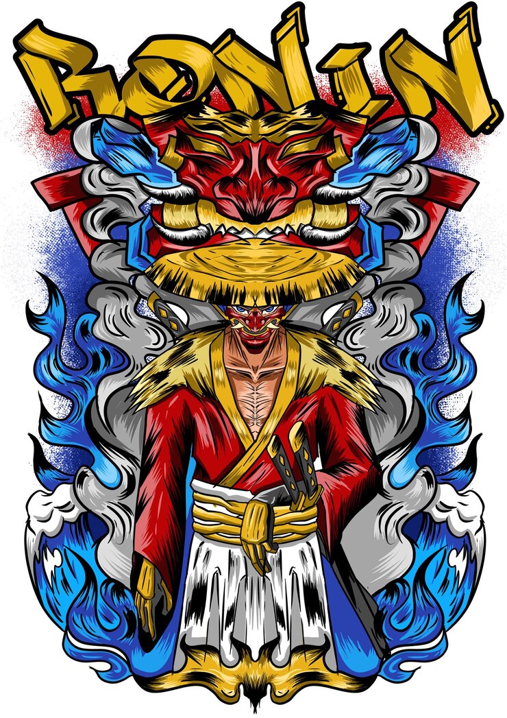 PSD ronin samurai illustration t shirt illustration with oni mask