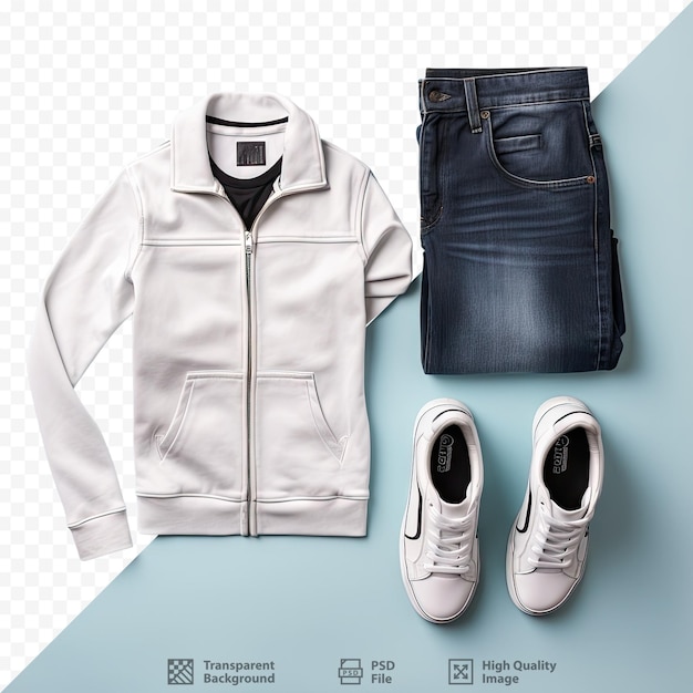 PSD ropa informal para hombres que incluye pantalones vaqueros, sudadera blanca gris y zapatos de cuero negro sobre un fondo transparente