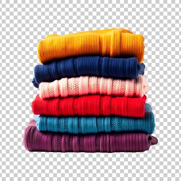 PSD ropa plegada de colores apilada sobre un fondo transparente