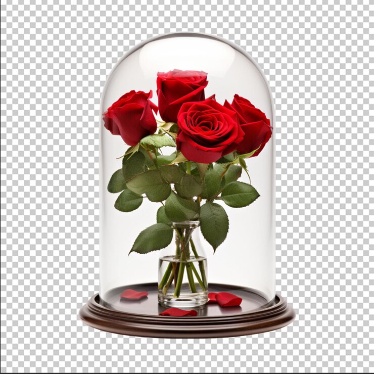 PSD rosa en cúpula de vidrio y rosas rojas en la mesa sobre fondo blanco