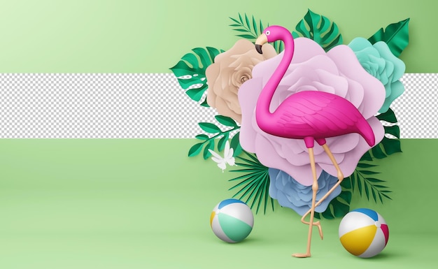 Rosa Flamingo und Strandball mit Blume, Sommersaison, Sommerschablonen-3D-Darstellung