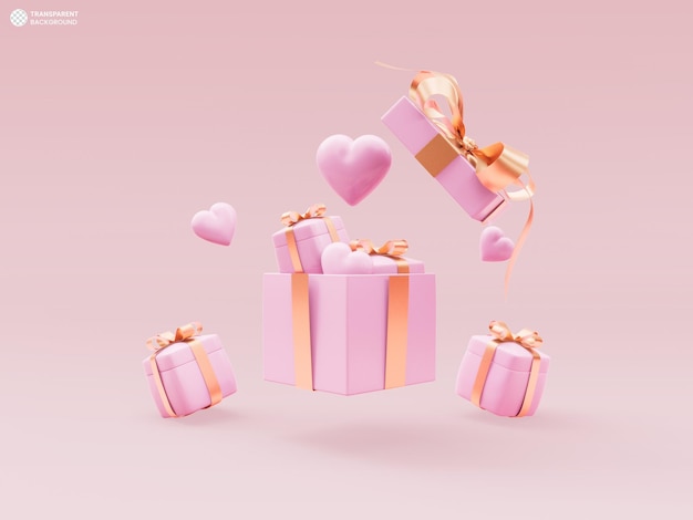 Rosa Geschenkbox mit Goldband und Liebesballons Symbol 3D-Rendering