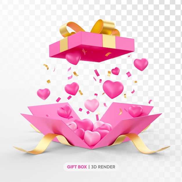 PSD rosa geschenkkiste 3d-render mit herzen