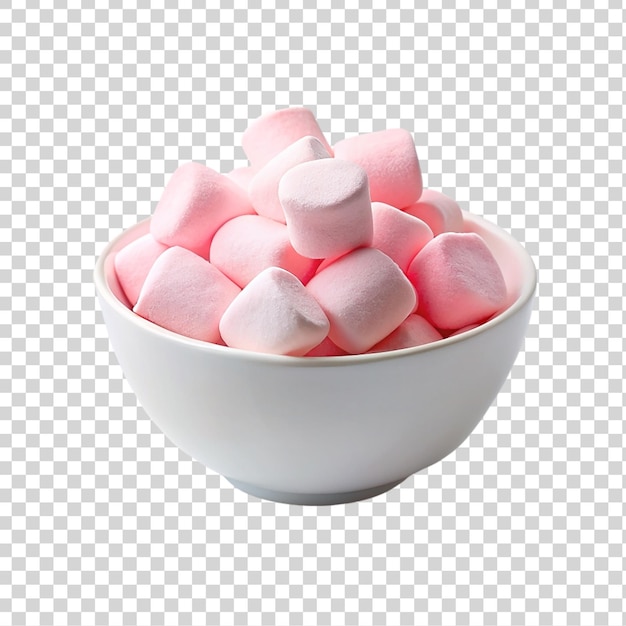 Rosa marshmallows in einer schüssel, die auf einem durchsichtigen hintergrund isoliert ist