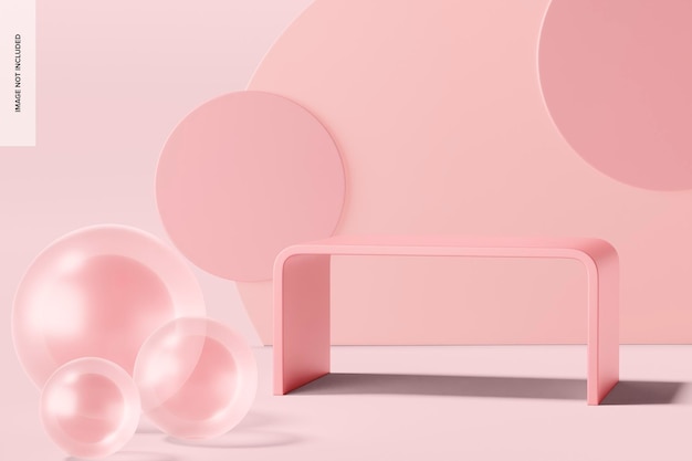 Rosa rechteckiges Podium Mockup, Ansicht von vorne rechts