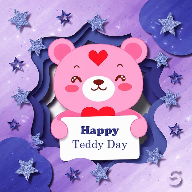 rosa Teddybär mit einem Herz, auf dem steht "Glücklicher Teddybärentag"