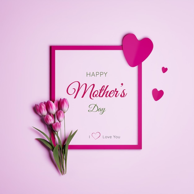 Rosa Tulpen oben im Rahmen mit Herzen auf rosa Hintergrund Happy Mother's Day Text 3D-Rendering