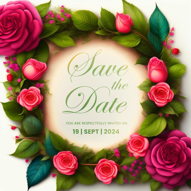Rosas clássicas e moldura de madeira salve a data cartão de casamento bouquet de rosas elegante em prancha de madeira weddin