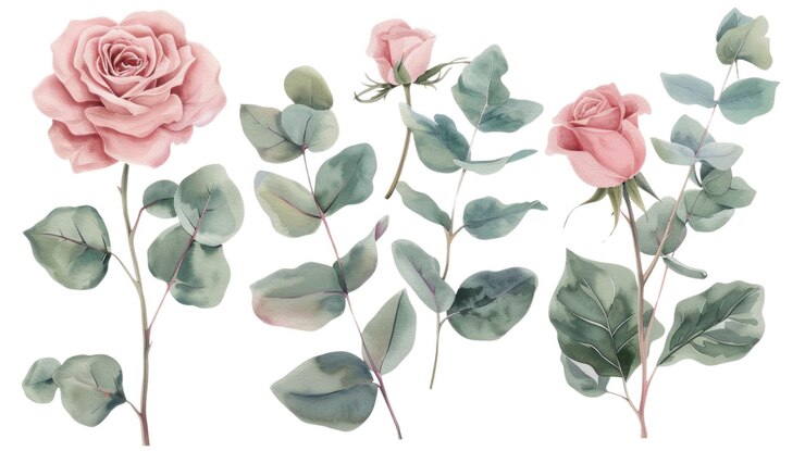 PSD rosas pastel rosas e folhas de eucalipto isoladas com fundo branco aig56