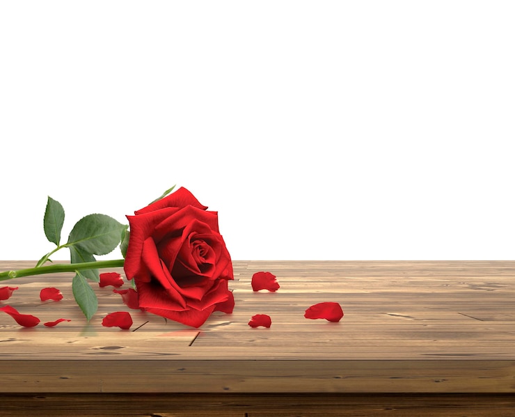 PSD rosas rojas y pétalos de rosa en la mesa de madera con fondo transparente