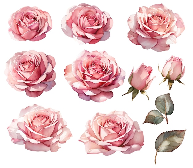 PSD rosas rosadas aisladas sobre un fondo blanco transparente ilustración en acuarela flores rosadas delicadas