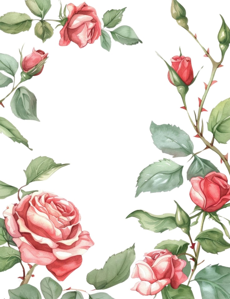 PSD rosas vermelhas com folhas verdes sobre um fundo branco bordado de aquarela aig56