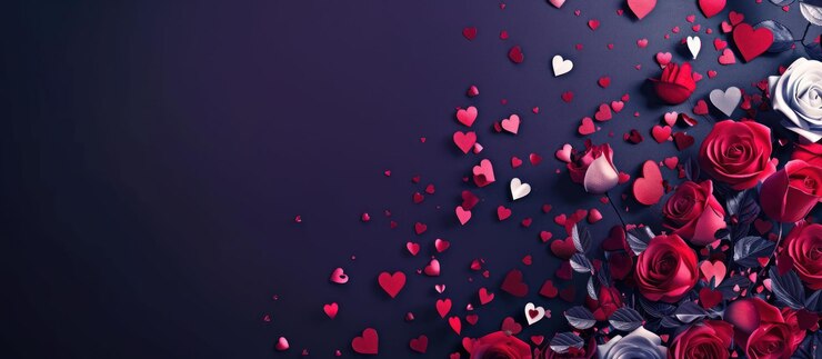 PSD rose rosse e cuori sparsi su uno sfondo scuro