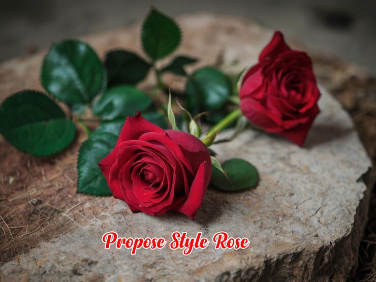 Une rose rouge est assise sur une pierre avec les mots romance rose rose rose rose sur elle
