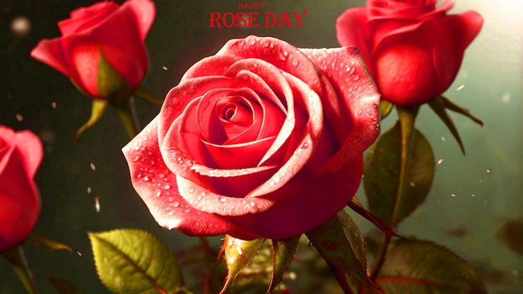 PSD une rose rouge avec les mots " jour de la rose " dessus