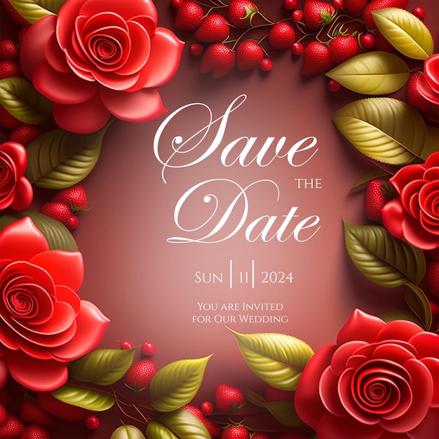 PSD une rose rouge vibrante gardez la date de l'invitation de mariage avec des baiesinvitation de mariage aux roses rouges classiques