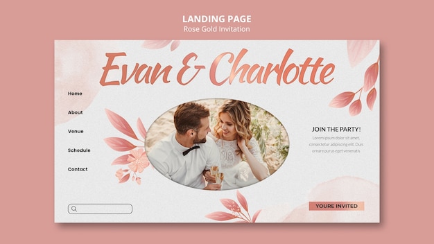 PSD roségold-hochzeitseinladungs-landing-page-vorlage mit blättern