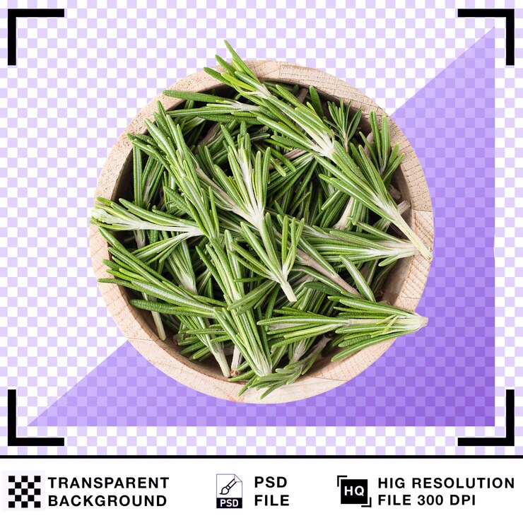 PSD rosemary sprigs in a wooden bowl on a transparent background