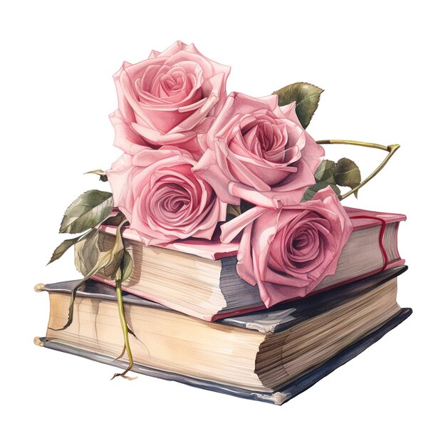 PSD roses roses au sommet d’une pile de livres image générée par l’ia