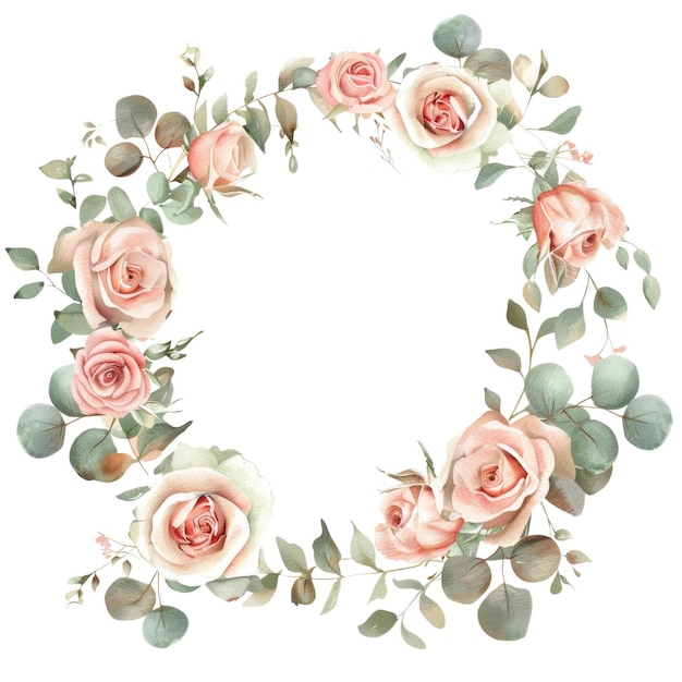 Des roses roses et une couronne de feuilles d'eucalyptus isolées sur un fond blanc AIG56