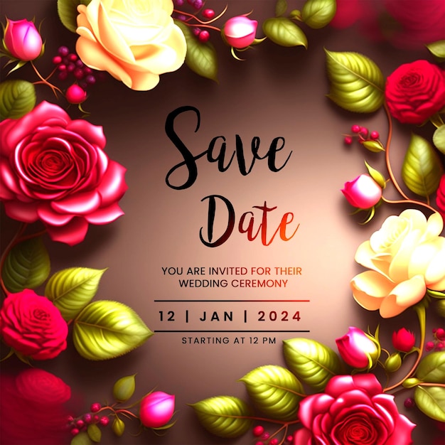 PSD des roses rouges luxuriantes et des baies sauvez la date invitation de mariage guirlandes de roses rouge radiantes sauvez la journée nous