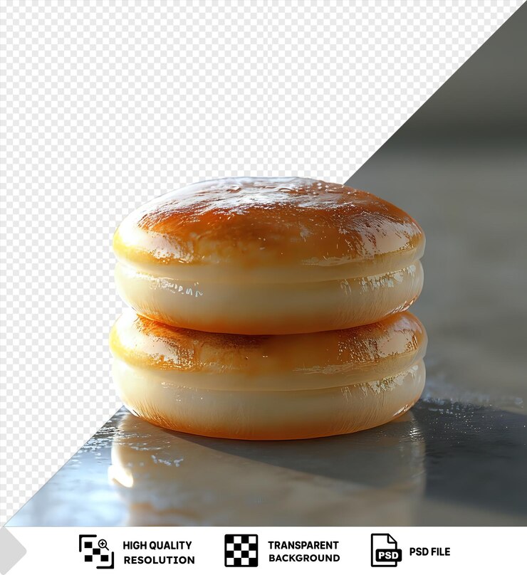 PSD las rosquillas de dorayaki aisladas, incluidas las variedades esmaltadas y blancas, se exhiben en una mesa brillante contra una pared blanca con un reflejo brillante visible en el fondo