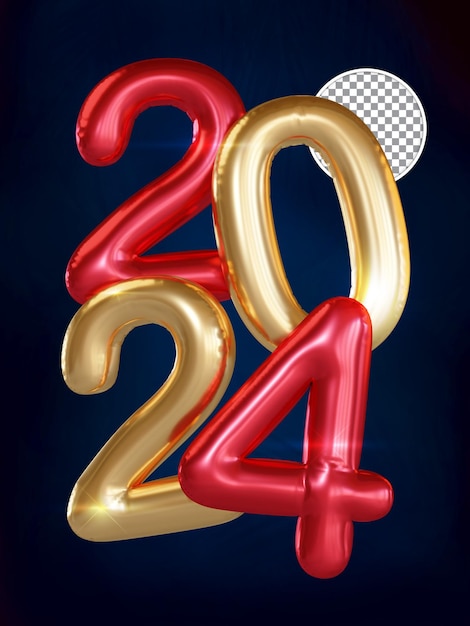 Rosso e oro Capodanno 2024 Ballon Text 3D Render sfondo isolato