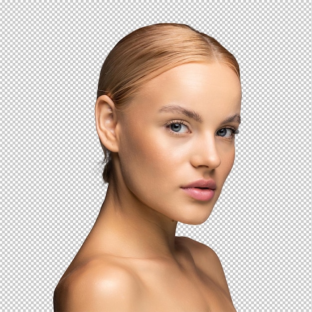 Rosto bonito mulher pele saudável maquiagem natural conceito de spa beleza feminina em cinza