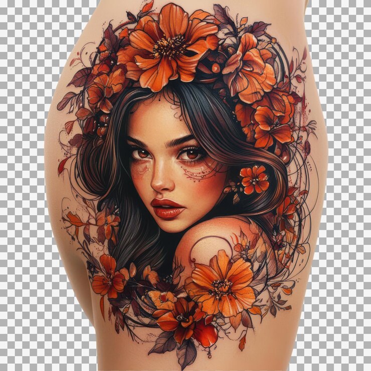 PSD rosto de mulher bonito com flores coloridas e ilustração vetorial de borboleta para conceito de design de cartaz do dia da mulher em fundo transparente