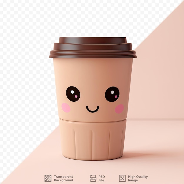 Rosto fofo kawaii em fundo transparente com xícara de café térmica de papel