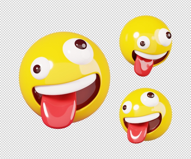 PSD rosto louco sorridente com olhos e boca mostrando emoticon de língua isolado emoji enfrenta o conceito de ícone 3d