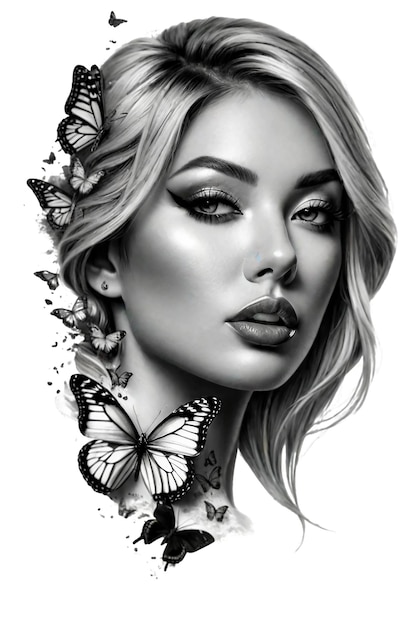 PSD rostro de mujer con mariposas alrededor de un diseño de tatuaje realista.