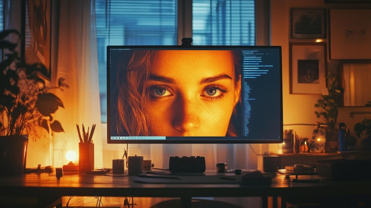 PSD el rostro de la mujer se muestra en la pantalla de la computadora en una acogedora oficina en casa por la noche
