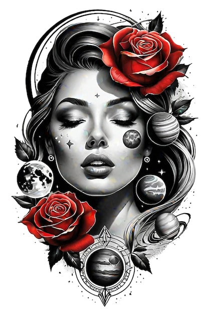 Rostro de mujer con rosas planetas estrellas y galaxias diseño de tatuaje realista