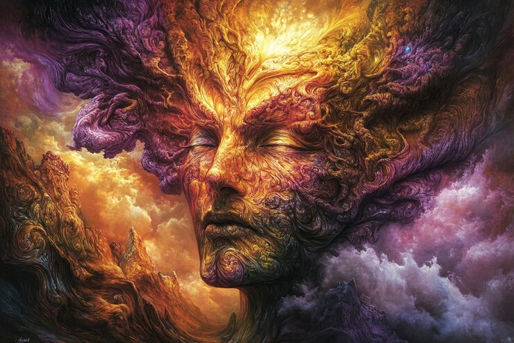 PSD el rostro sereno emerge de las nubes giratorias vibrantes y las texturas ardientes creando un paisaje místico como un sueño.