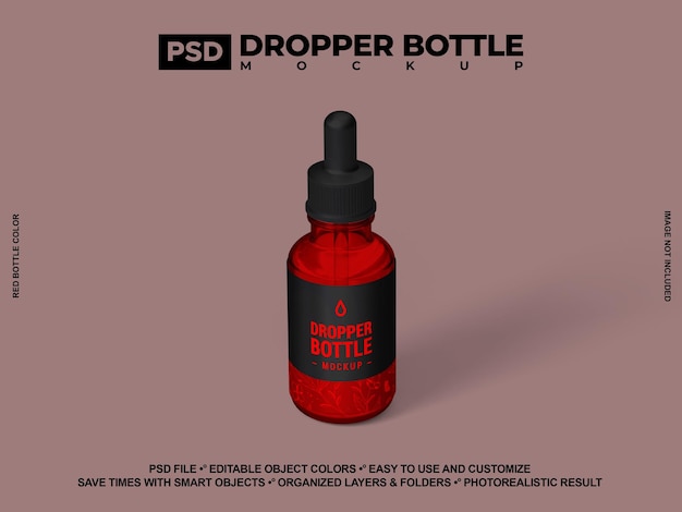 Rote glasflasche mit ätherischen ölen und tropfer 3d-rendering-psd-mockup für das branding