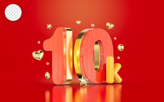rote goldene Zahl 10k zehntausend Social-Media-Follower Abonnenten feiern 3D-Rendering