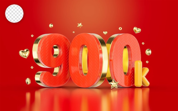 Rote goldene zahl 900.000 social-media-follower abonnenten feiern 3d-rendering