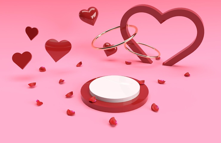 PSD rote herz-bühnenszene des goldenen ringes des 3d-valentinsgrußes in der 3d-darstellung