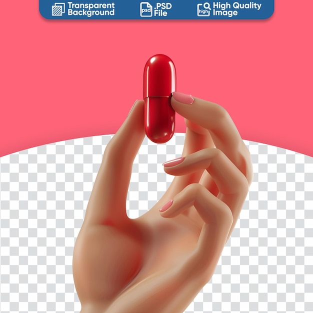 Rote pille, die von einer zeichentrickfilmhand gehalten wird, entzückend einfache 3d-illustration