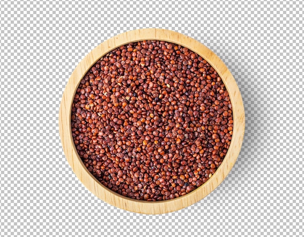 Rote quinoa in holzschale isoliert auf alphaschicht