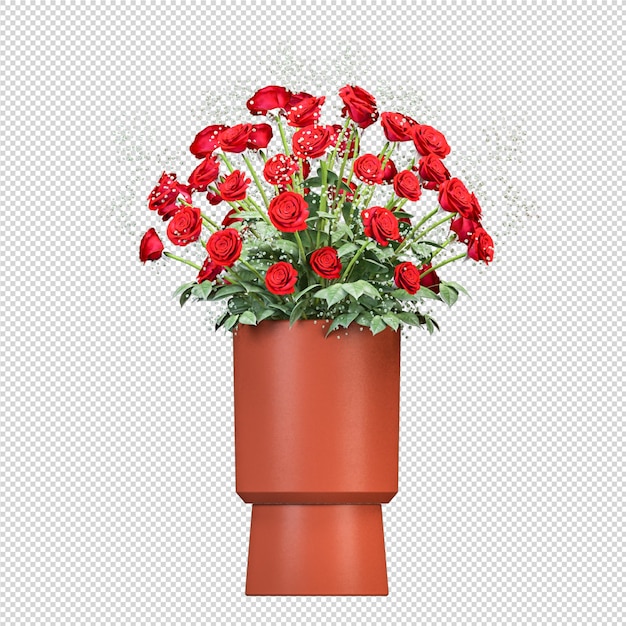 Rote Rosen in Vase in 3D-Rendering isoliert