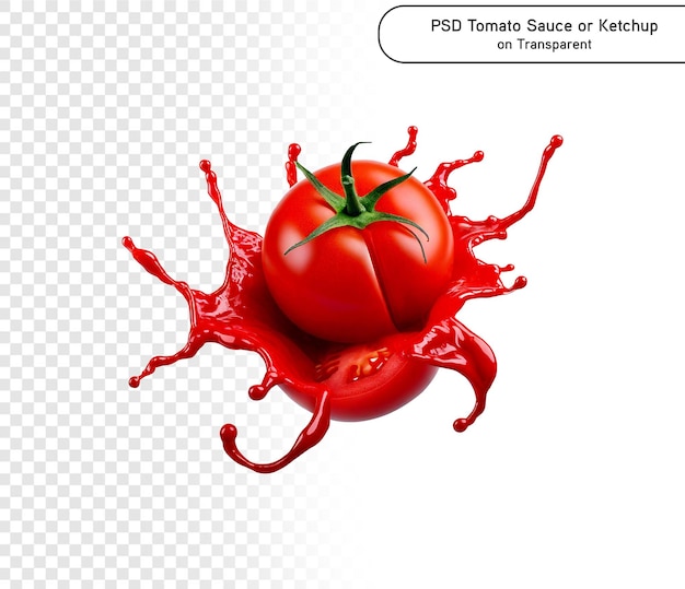 Rote Tomate mit Saft oder Ketchup-Splash, isoliert auf png-transparentem Hintergrund3d-Rendering