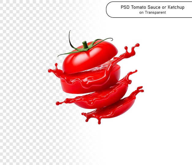 Rote Tomate mit Saft oder Ketchup-Splash, isoliert auf png-transparentem Hintergrund3d-Rendering