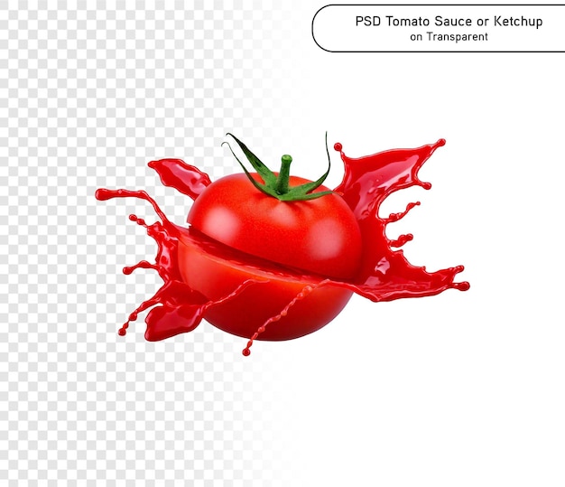 Rote Tomate mit Saft oder Ketchup-Splash, isoliert auf png-transparentem Hintergrund3d-Rendering