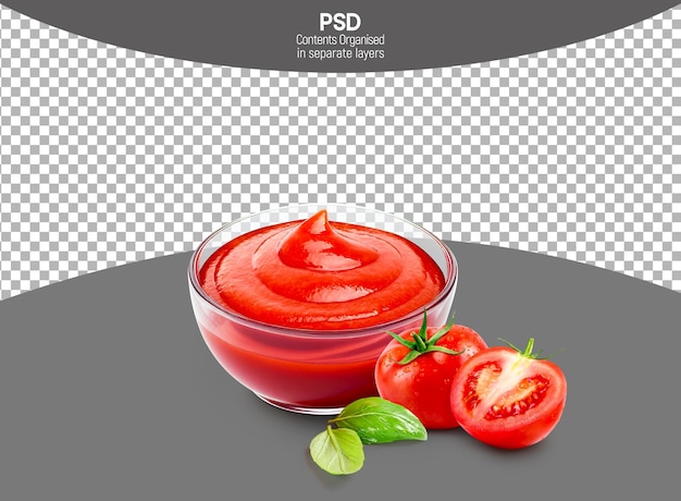 Rote Tomatensauce in durchsichtiger Schüssel mit frischer Tomate auf durchsichtigem Hintergrund
