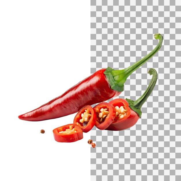PSD roter chilispfeffer mit grünem stamm mit geschnittenen roten chilis in isoliertem hintergrund