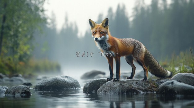 Roter Fuchs steht auf Felsen an einem nebligen Fluss